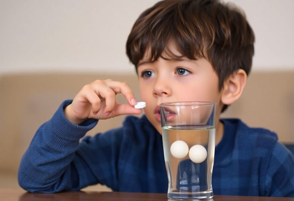 Young child taking a calcium tablet with a glass of water