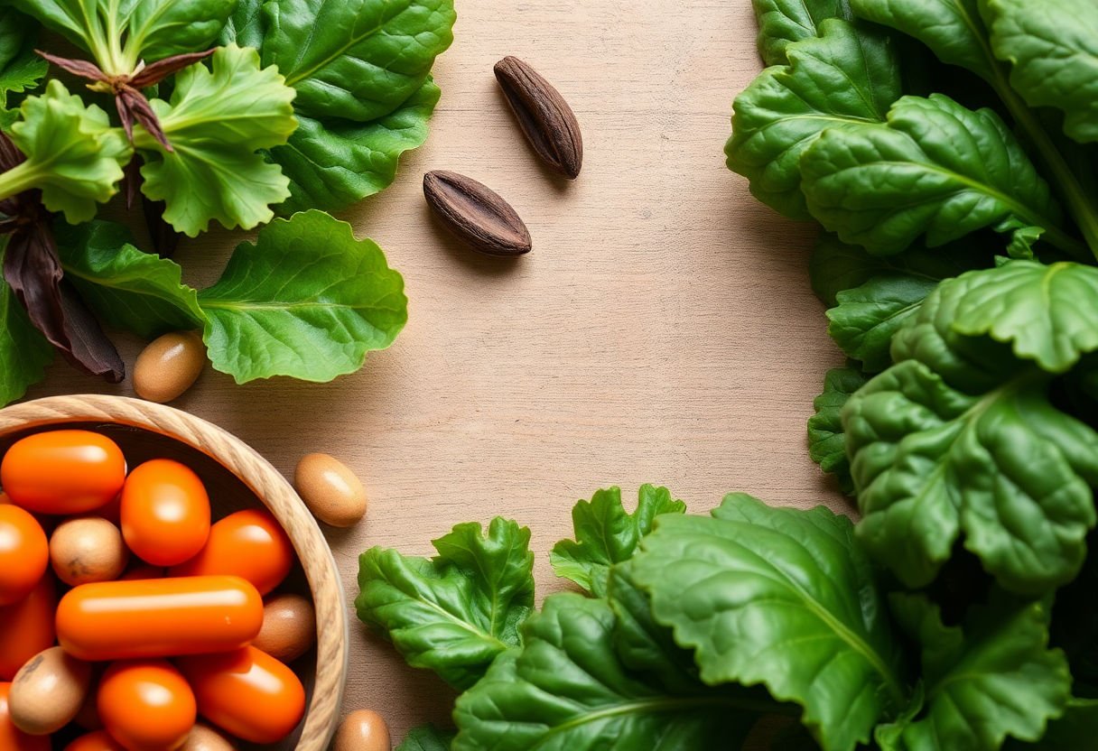 Leafy greens and iron supplements.