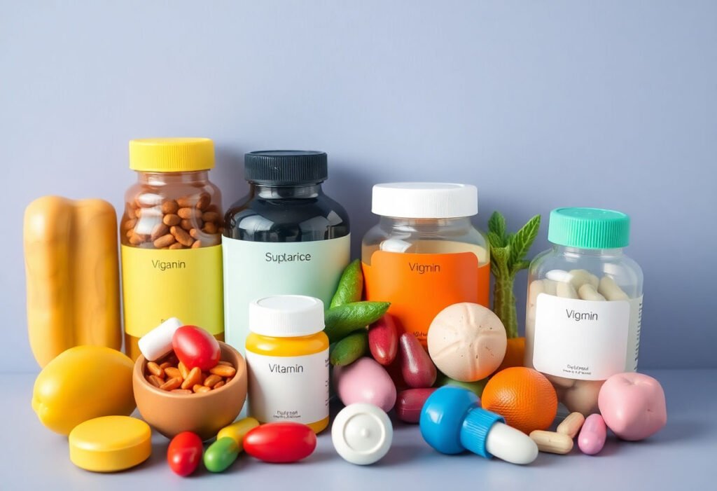 Colorful assortment of child-friendly vitamins and supplements.