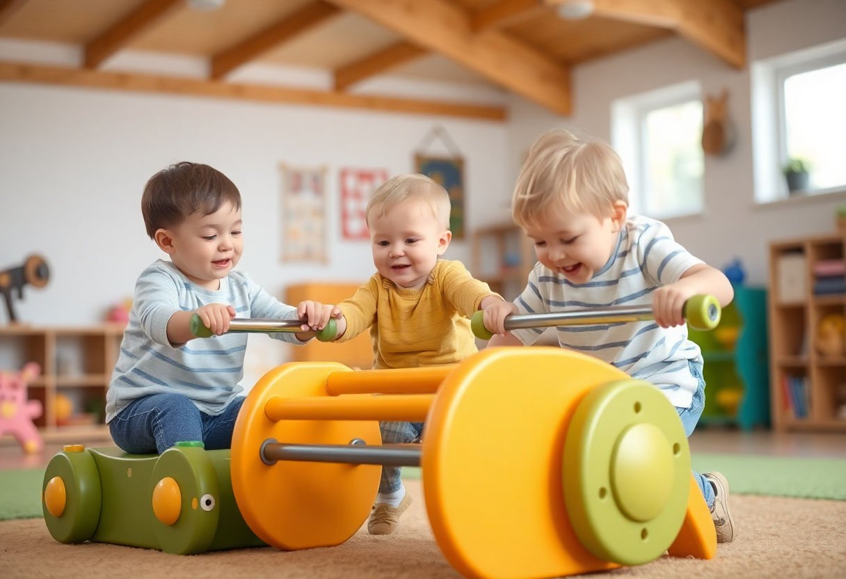 Toddlers playing with exercise equipment