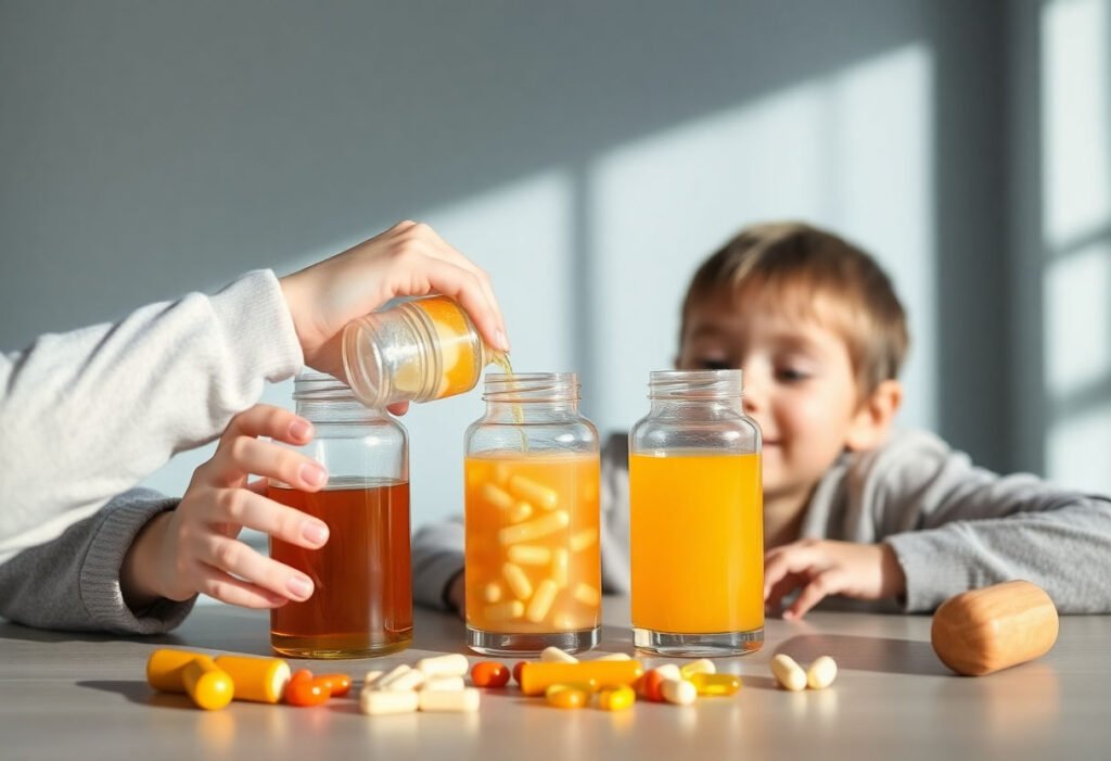 Children taking liquid vitamins for health