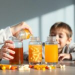 Children taking liquid vitamins for health