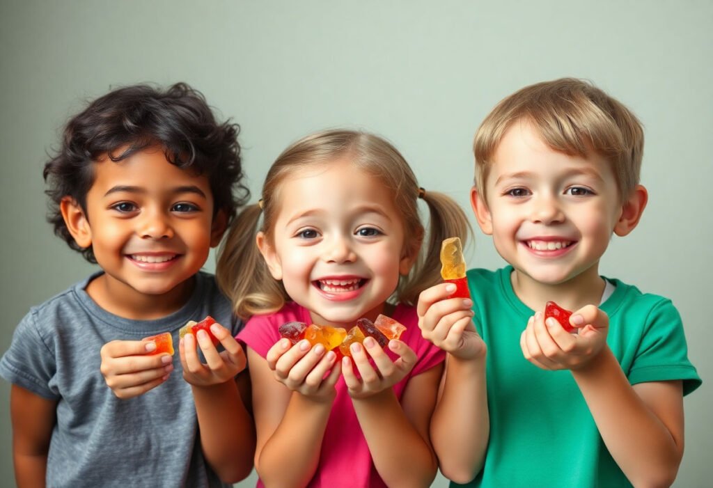 Children holding calcium gummies with smiles