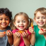 Children holding calcium gummies with smiles