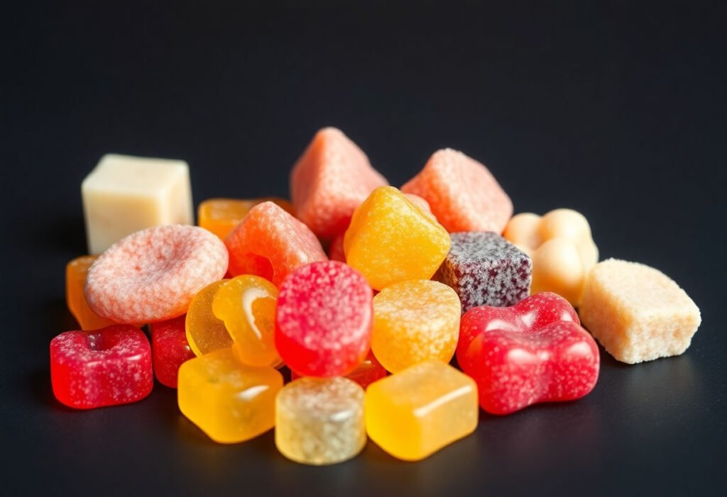 A variety of calcium gummies in different shapes and colors for children