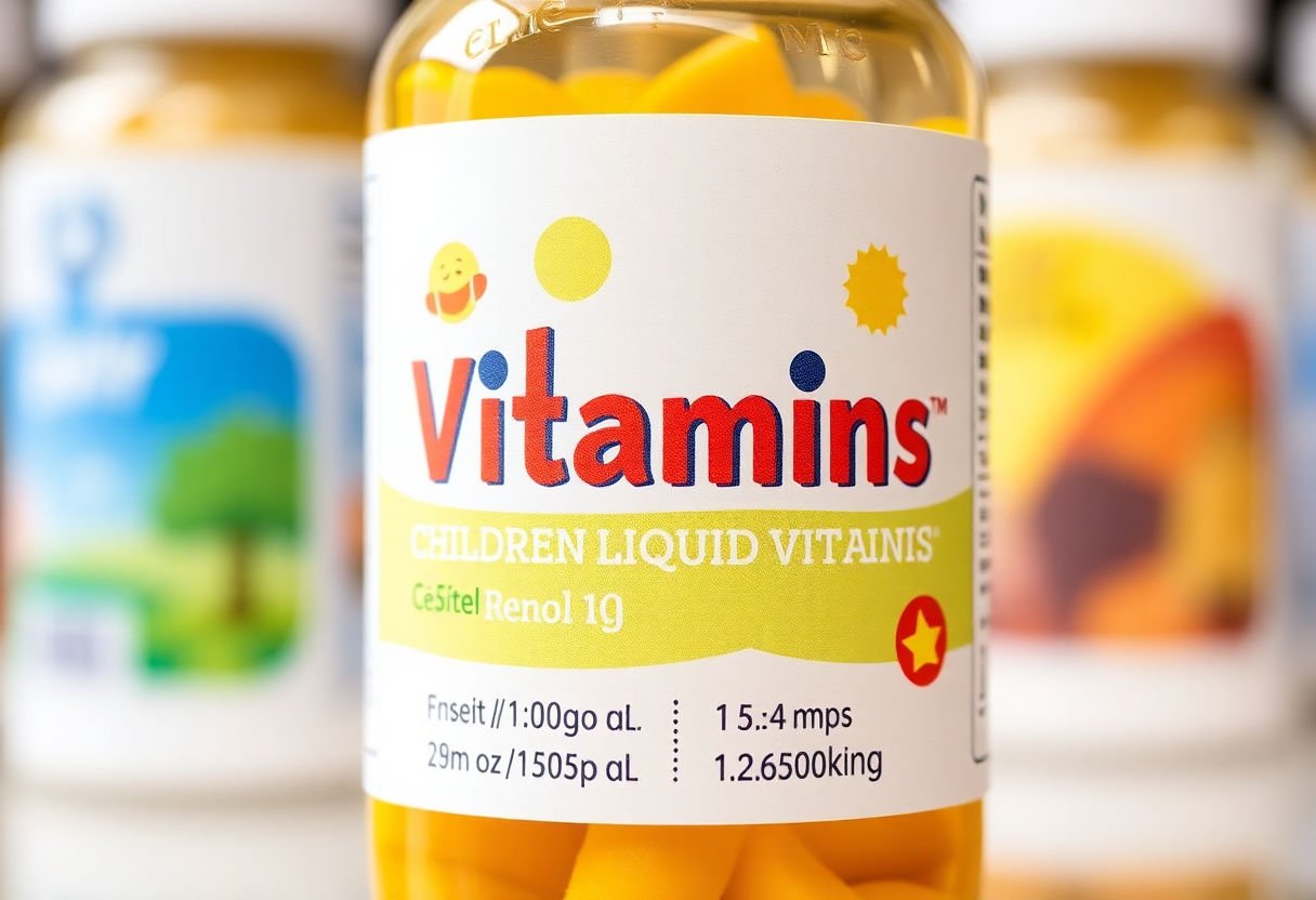 Label on a bottle of kids liquid vitamins