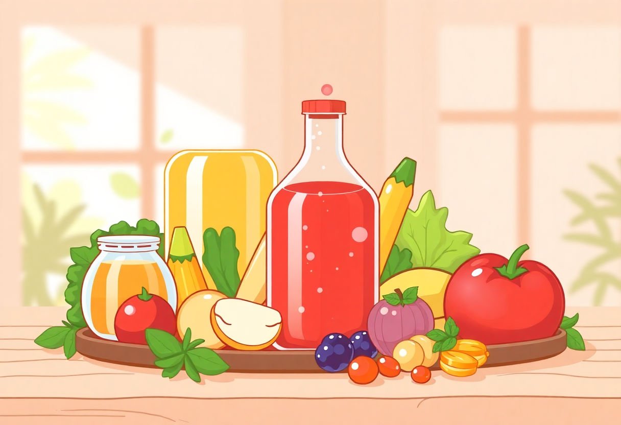 Balanced diet illustration with liquid vitamins