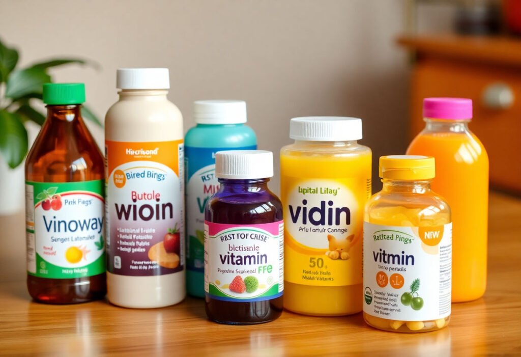 A variety of kids liquid vitamin bottles on a table