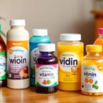 A variety of kids liquid vitamin bottles on a table