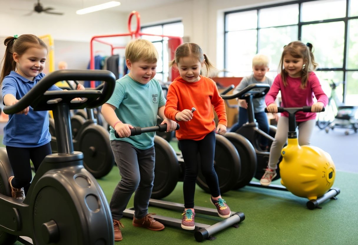 Children selecting their preferred exercise equipment.
