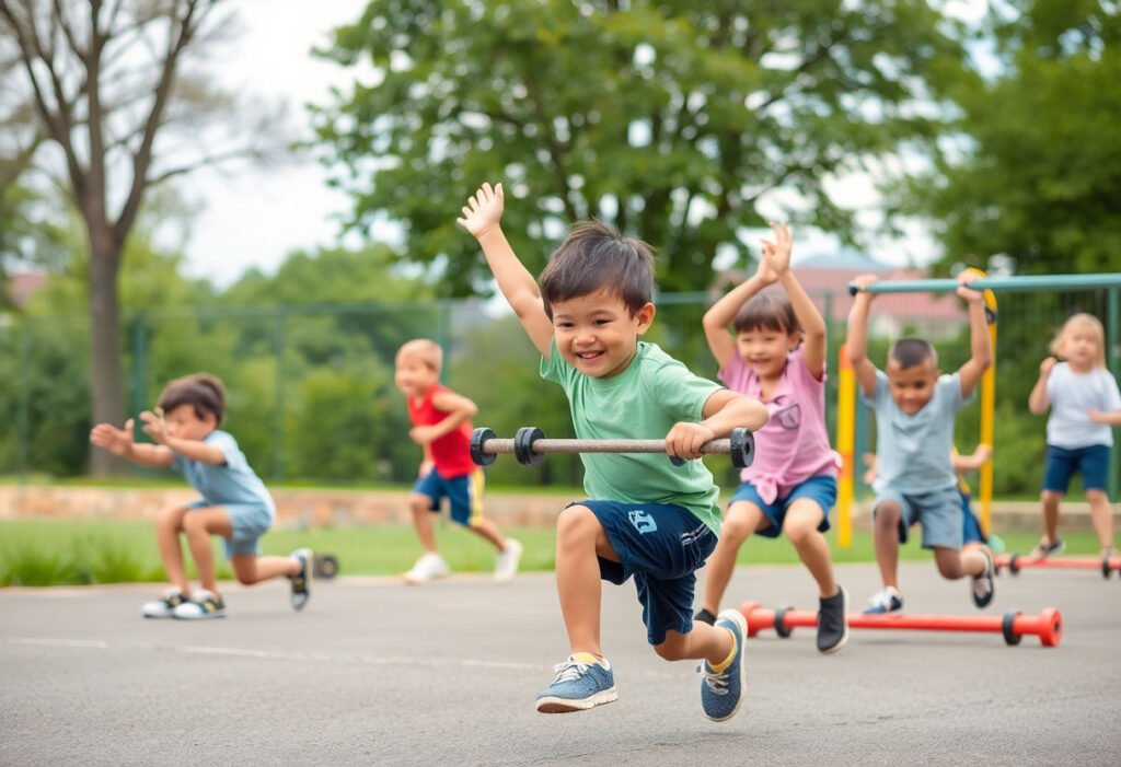 Kids exercising with various types of equipment.