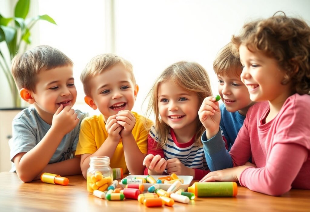 Children happily taking multivitamins