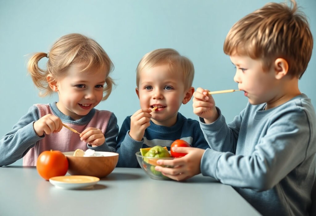 Children eating healthy foods rich in calcium for strong bones