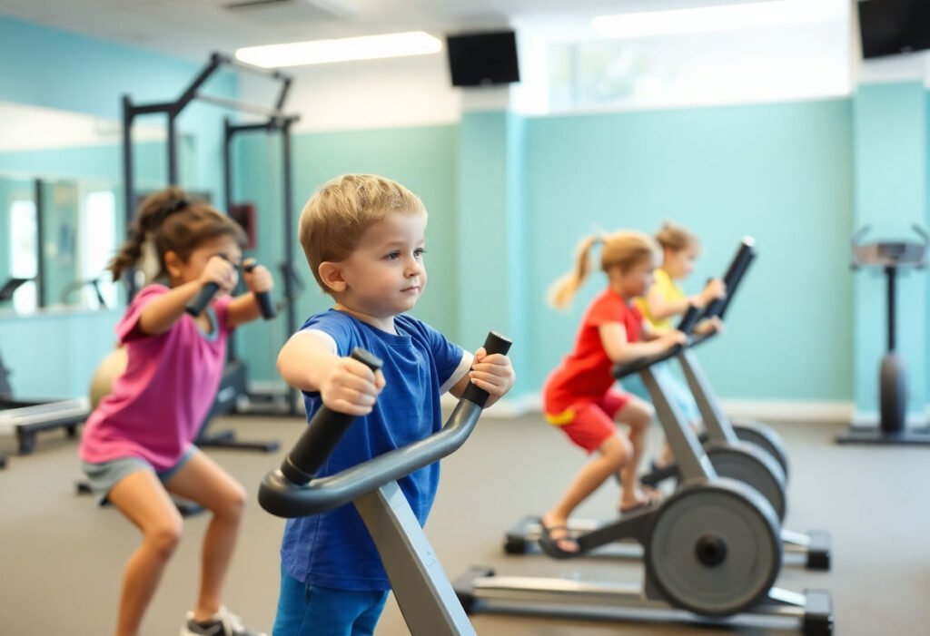 Kids using safe exercise equipment in a gym