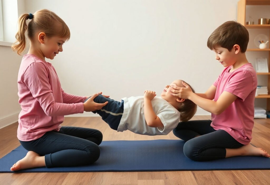 Children performing myofunctional therapy exercises