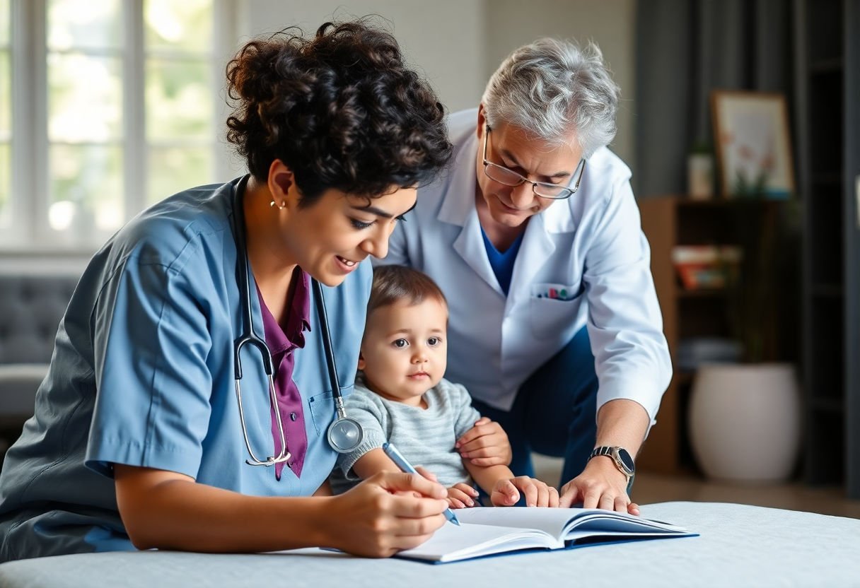 Healthcare professional guiding child in therapy