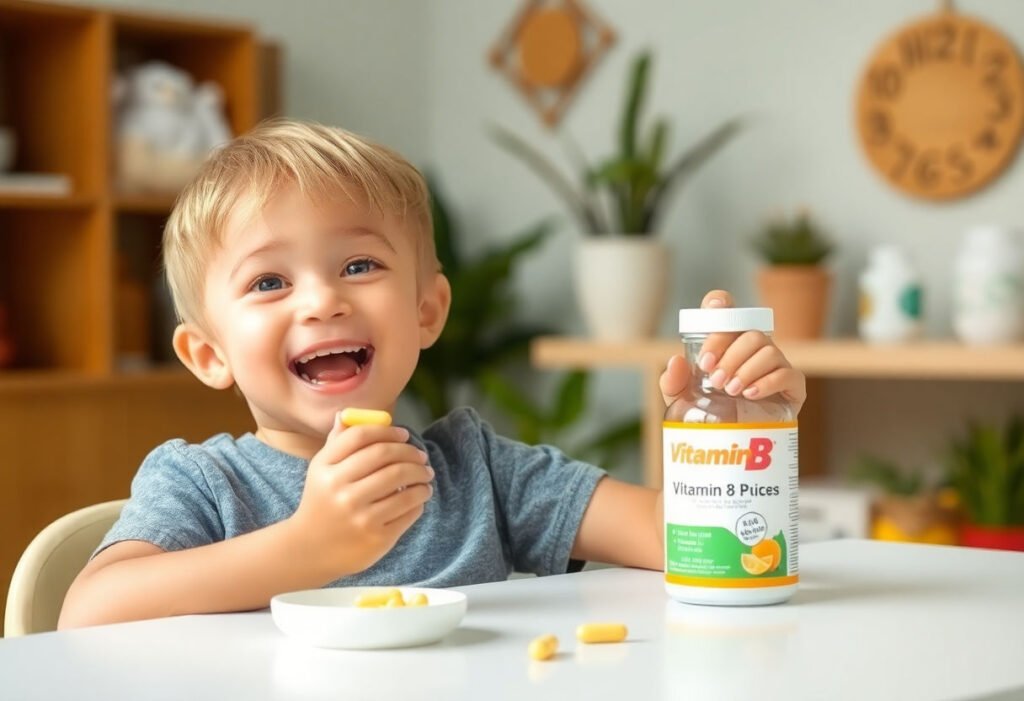 Child happily taking vitamin B complex supplement