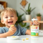 Child happily taking vitamin B complex supplement