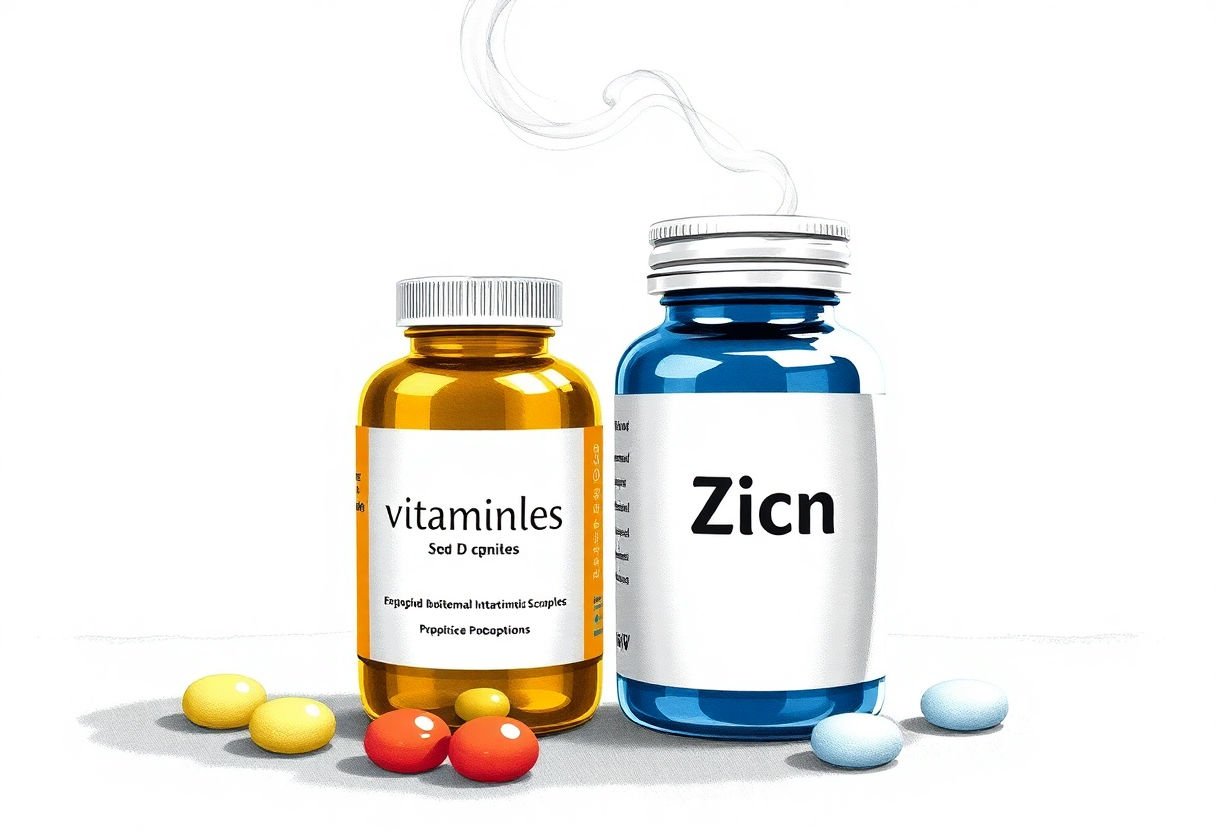 Illustrations of Vitamin C, D, and Zinc supplements