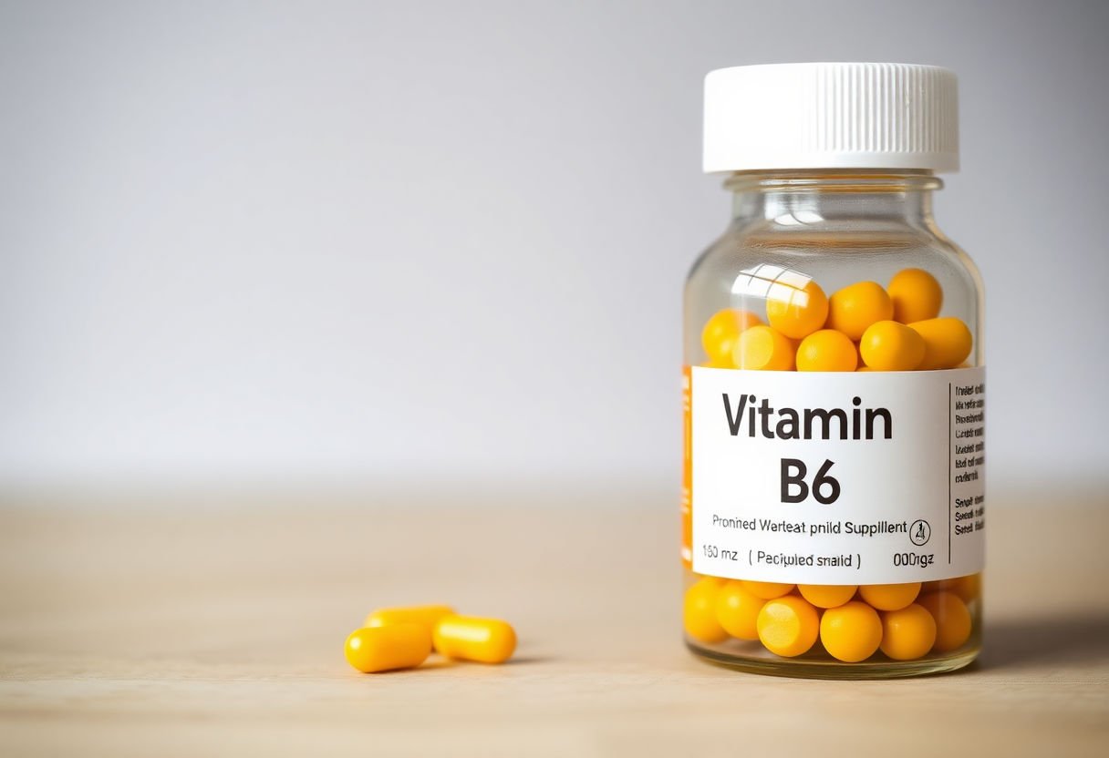Vitamin B6 supplements container with a child safety label