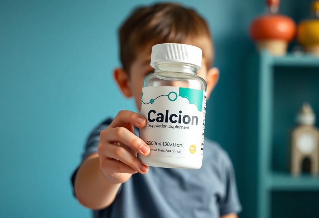 Child holding calcium supplement bottle