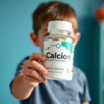 Child holding calcium supplement bottle