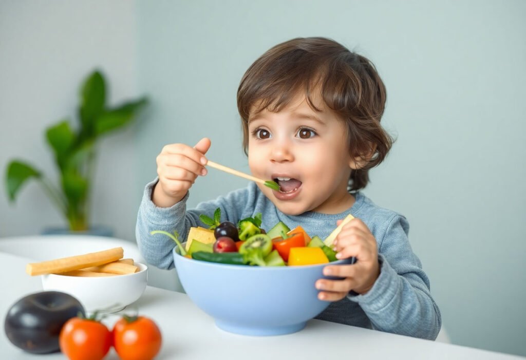 Child eating a bowl of healthy fruits and vegetables to boost immunity