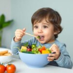 Child eating a bowl of healthy fruits and vegetables to boost immunity