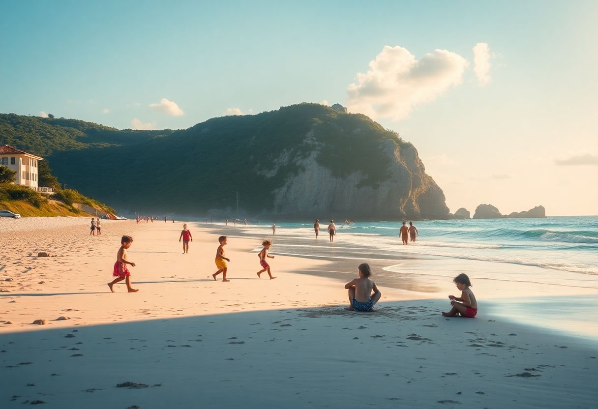 Sunlit beach with children playing