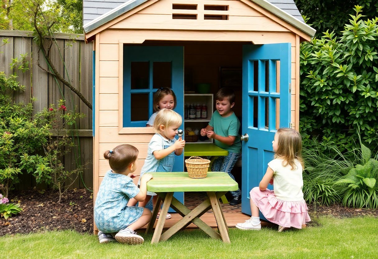 Kids engaged in role-play in a backyard playhouse