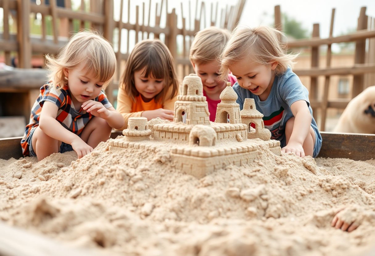 Children building sandcastles in a sandbox