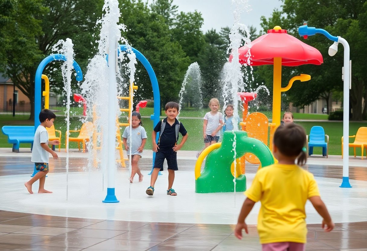 Kids enjoying water play structures in a park