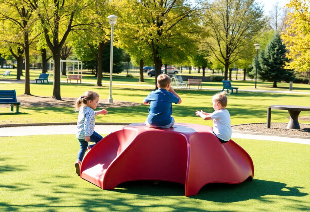 Children playing on outdoor equipment in a sunny park