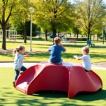 Children playing on outdoor equipment in a sunny park