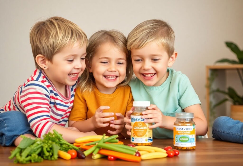 Kids enjoying healthy growth with multivitamins