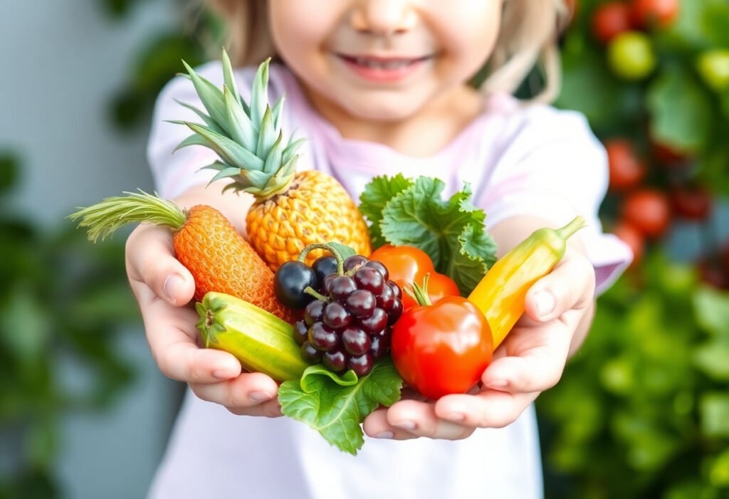 Child holding fruits and vegetables rich in B Complex Vitamins