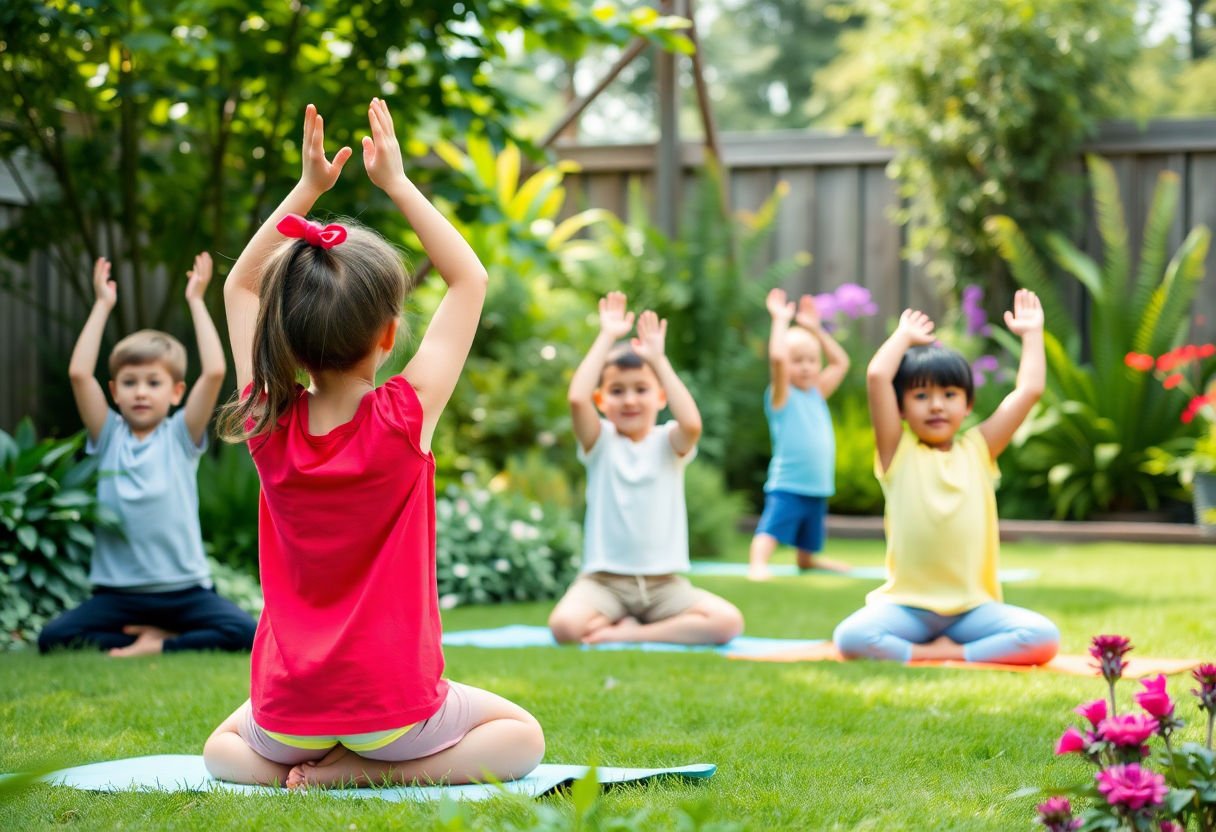 Kids practicing yoga in a garden setting.