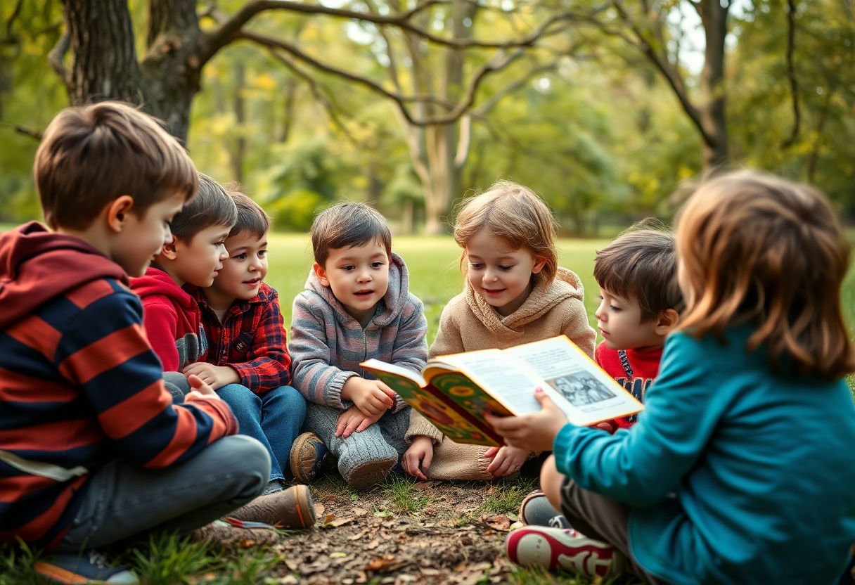 A group of children listening to a story outdoors