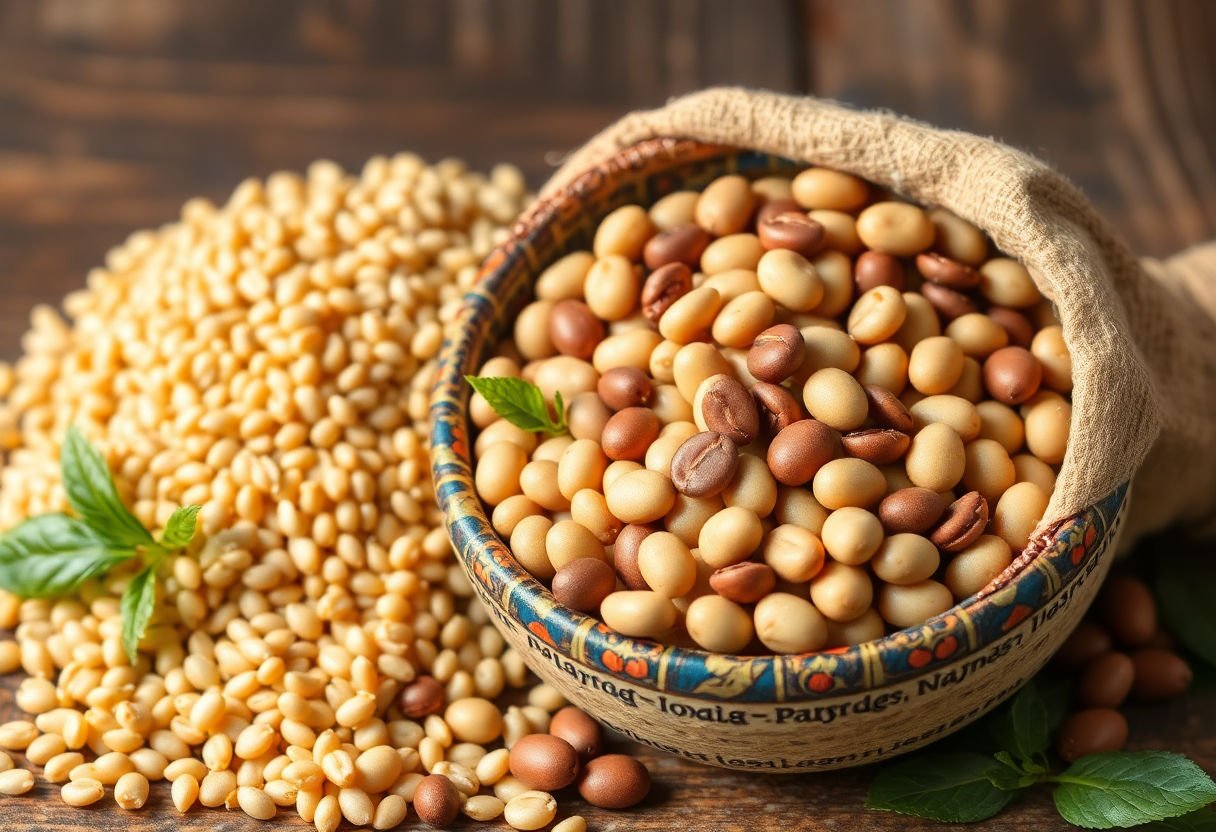 Whole grains and beans, primary sources of Vitamin B.