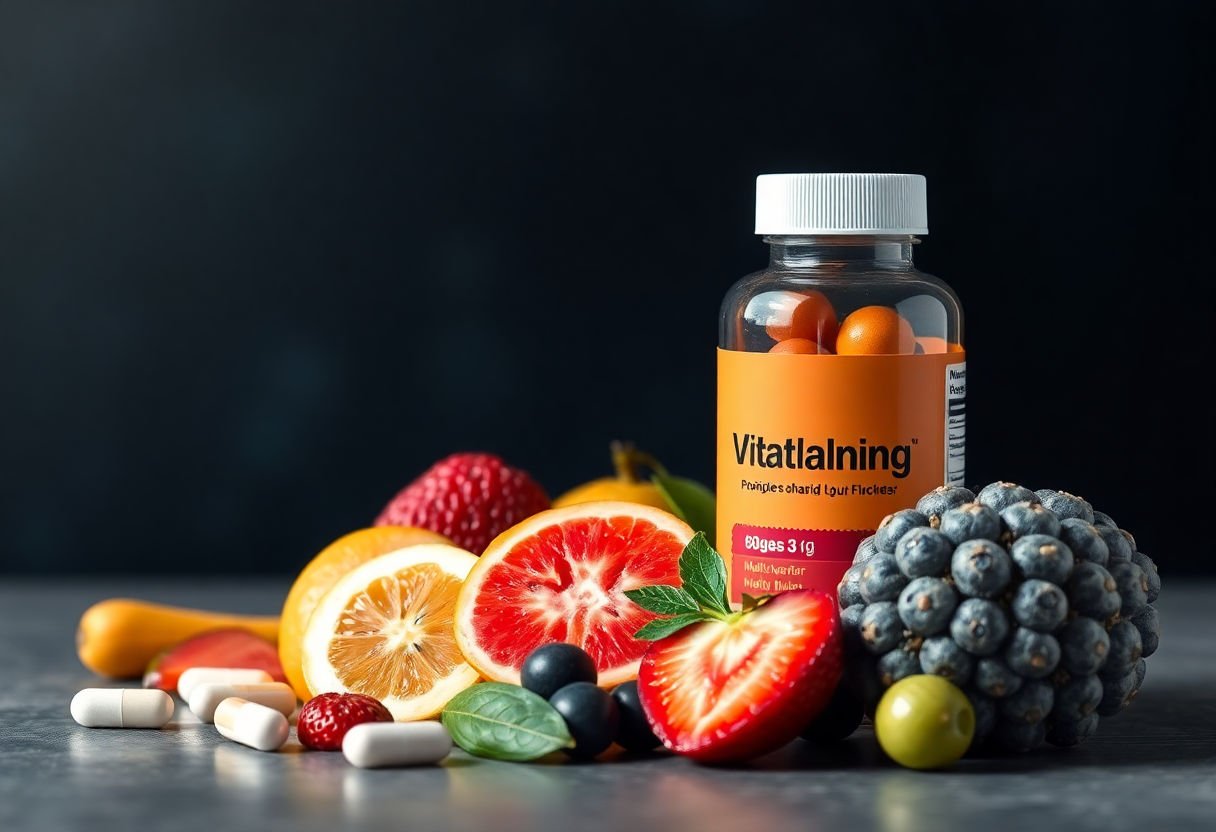 Various multivitamin supplements alongside fresh fruits.