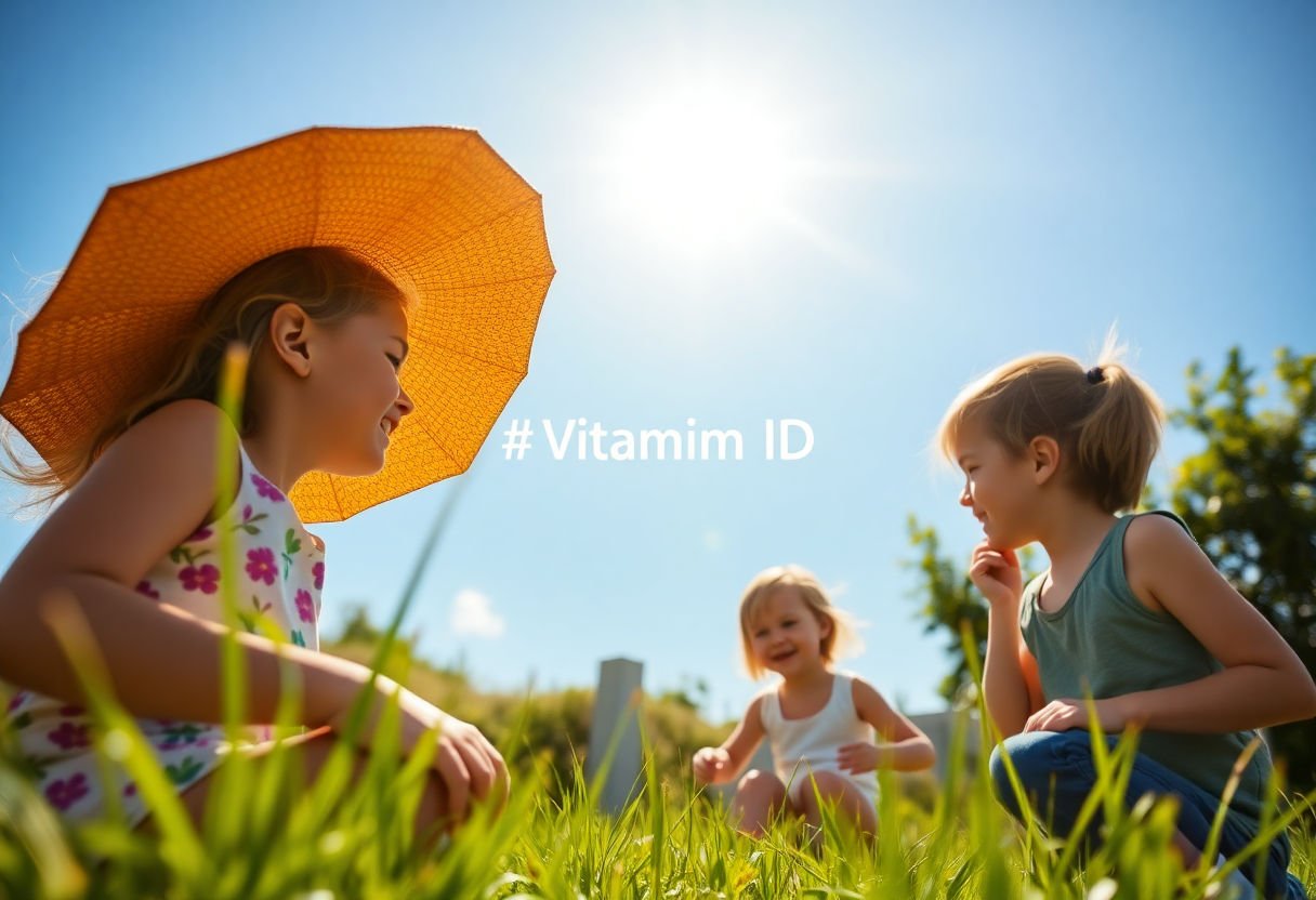 A sunny day with children playing outdoor, symbolizing Vitamin D from sunlight.