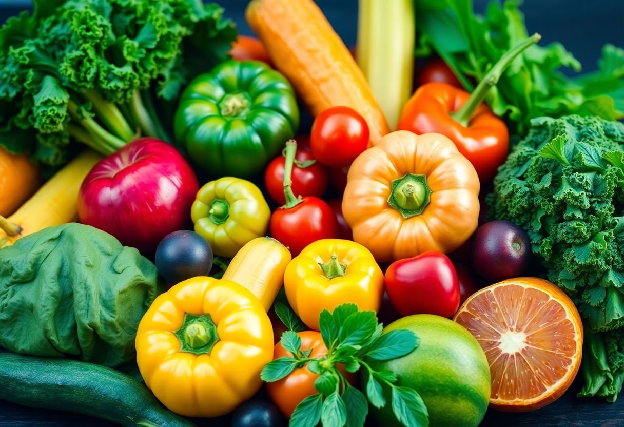 A combination of colorful fruits and vegetables indicating a balanced diet.