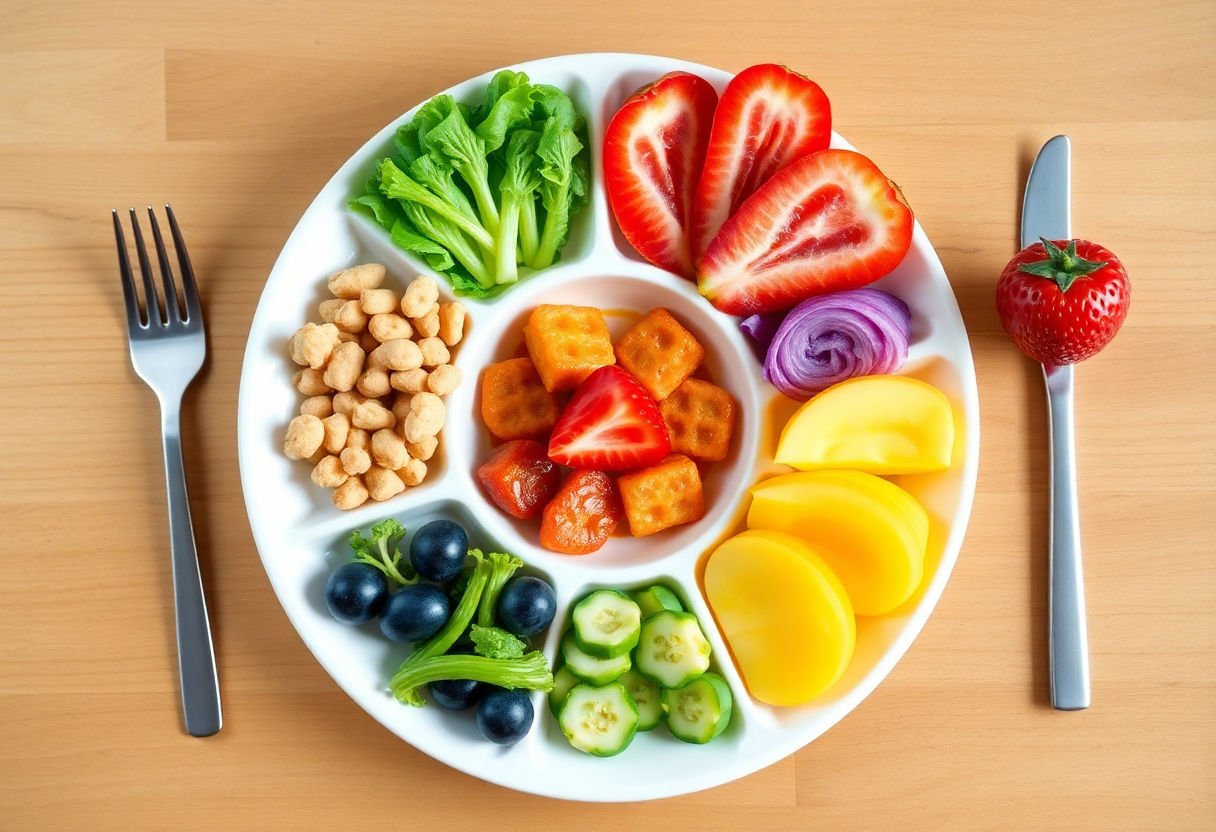 A balanced meal plate showing different food groups necessary for children.