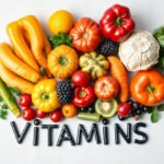 A variety of colorful fruits and vegetables on a table, symbolizing vitamins.