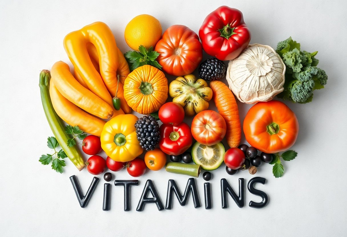 A variety of colorful fruits and vegetables on a table, symbolizing vitamins.