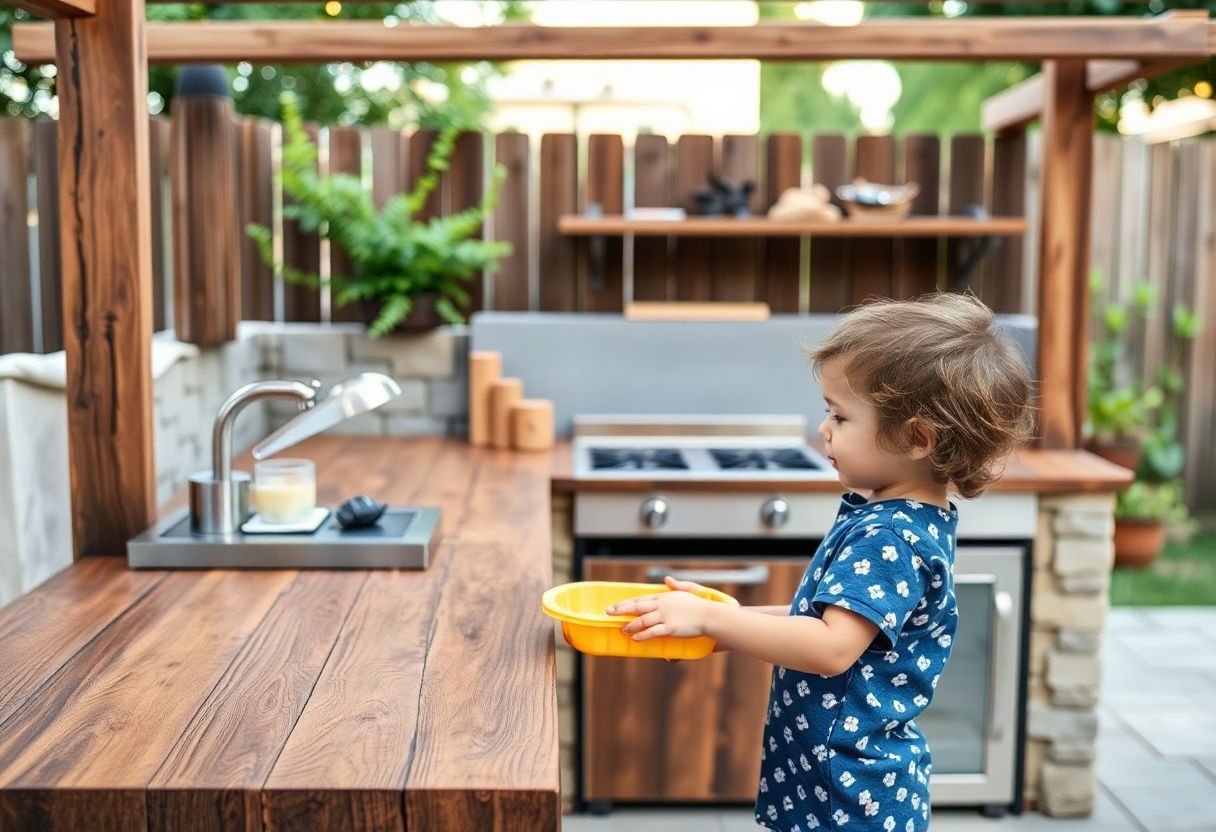 Child playing independently with outdoor kitchen