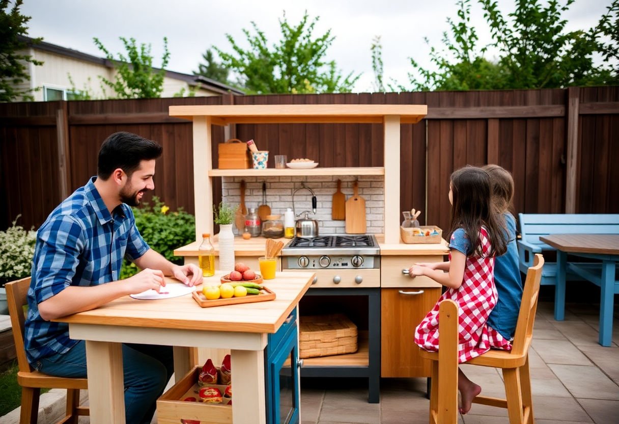 Family enjoying time with an outdoor play kitchen