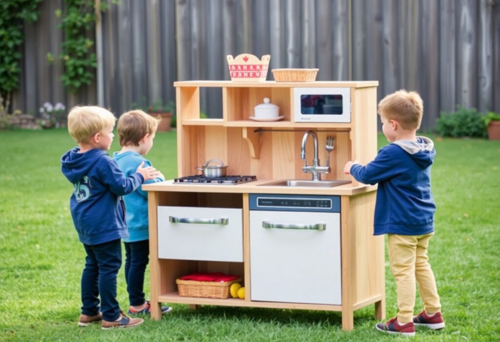 Children playing with an outdoor play kitchen