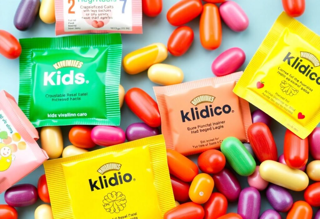 Assorted kids vitamins with colorful packaging