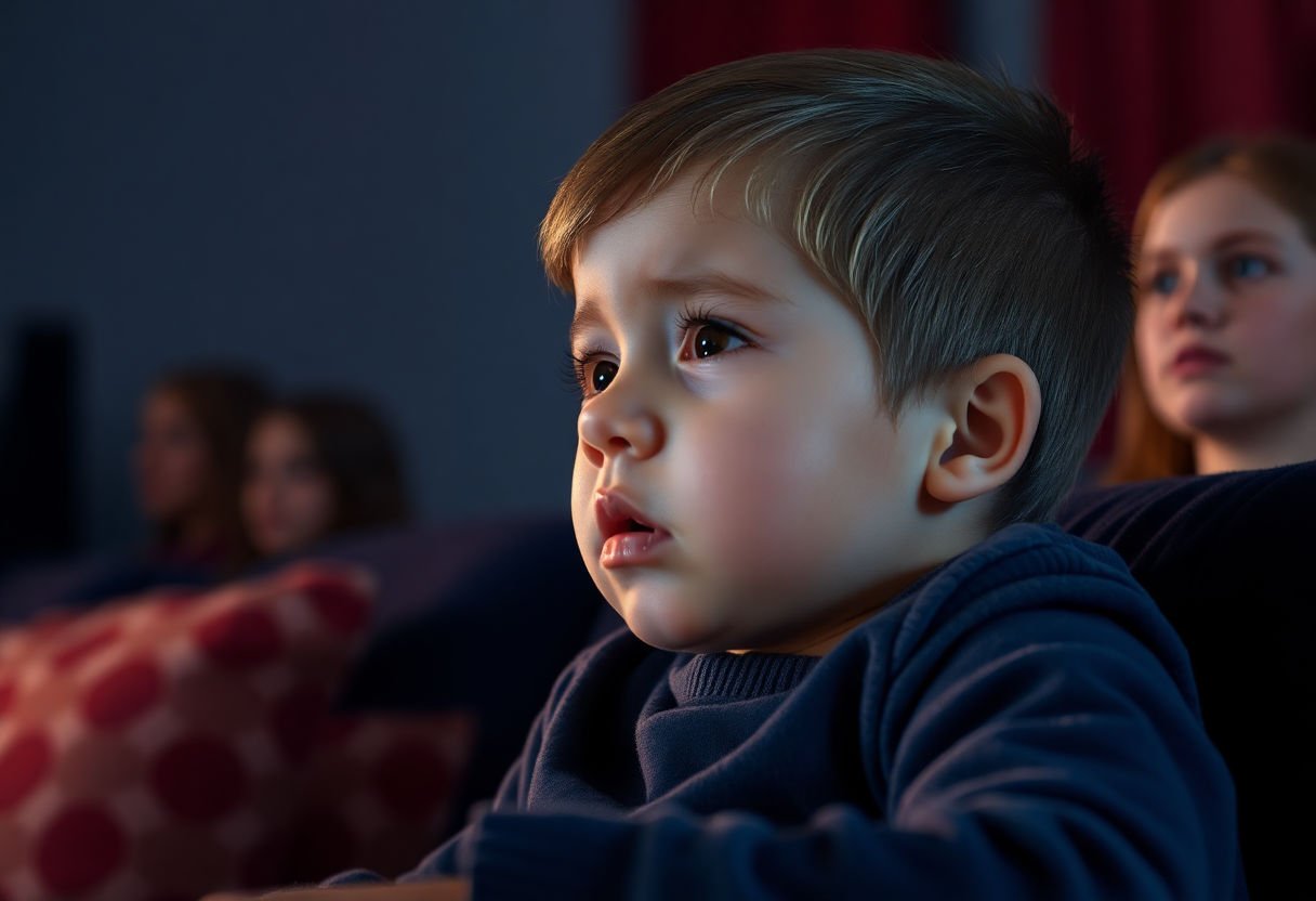 A child expressing emotions while watching a movie.